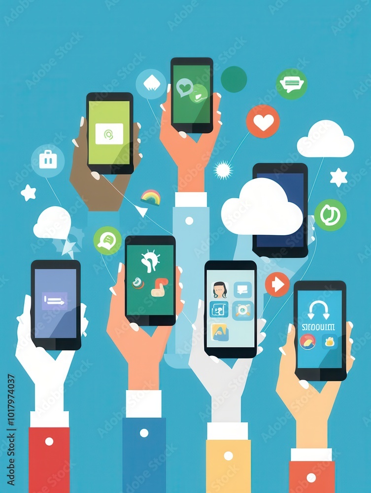Poster multiple hands are holding smartphones that display various social media applications against a brig