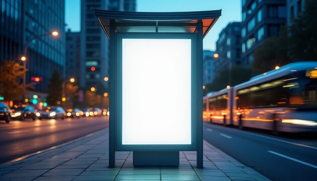 An empty bus stop with a blank billboard illuminated by surrounding city lights in the evening. The scene captures an urban setting with a focus on advertising and city life.