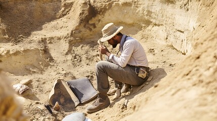 An archeologist carefully examines a piece of pottery while excavating at a dig site.