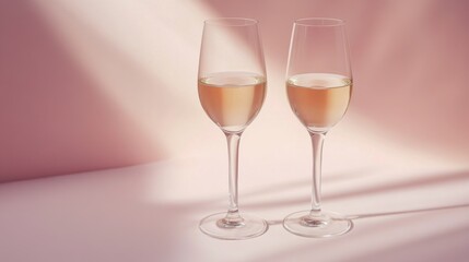 Fototapeta premium Elegant display of two glasses of sparkling wine on a softly lit pink background