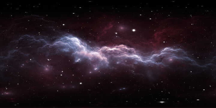 360 degree space nebula. Giant interstellar cloud with stars, equirectangular projection, environment map. Spherical panorama