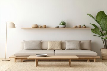 Minimalist, a modern japandi interior photo of a living room with wood shelves and ornaments on the wall and a sofa and table. Generative AI
