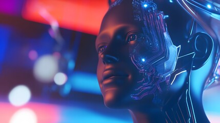 Close-up of a cyborg's face, glowing with blue and red lights, representing artificial intelligence.