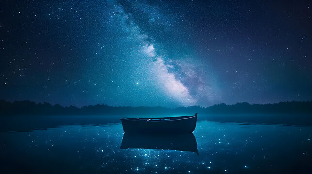 Milky Way Night Boat: A lone boat sits serenely on a still lake, bathed in the ethereal glow of the Milky Way, a cosmic canvas of stars stretching across the night sky.