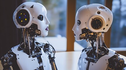 Fototapeta premium Two humanoid robots face each other, seemingly in conversation.