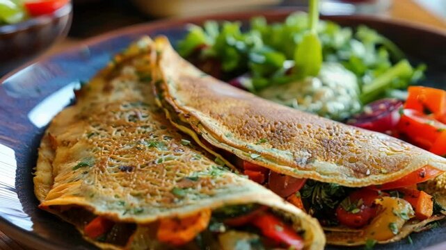 Delicious buckwheat galettes filled with fresh veggies and herbs, served with salad on a dark plate. Perfect for a healthy lunch at a cafe, bursting with flavor and goodness