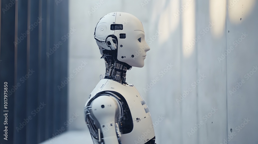 Poster a humanoid robot stands in a sterile, white environment, its blank expression reflecting the complex