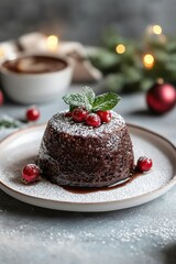 classic christmas pudding with mint on a white plate, festive dessert banner with space for text