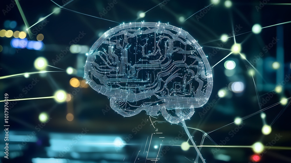 Aufkleber digital brain with connecting lines, an artificial intelligence concept.