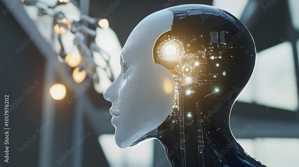 Poster a robotic head with glowing circuits, a concept of artificial intelligence.
