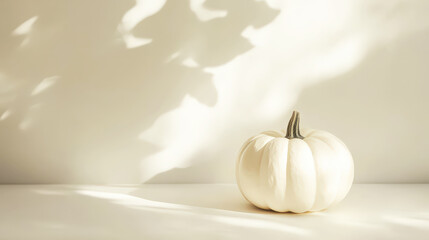 Elegant white pumpkin in the corner on clean light background. Invitation mockup, copy space. Generative AI