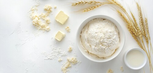 Ingredients for baking: flour, butter, yogurt, and wheat on a clean white surface