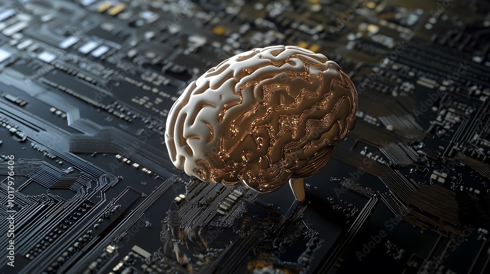 Poster a 3d rendering of a brain on a circuit board, representing artificial intelligence.