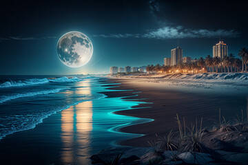 a full moon at night view of the city and beach