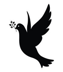 Dove silhouette icon. Black shape of pigeon. Vector flying dove with olive branch on white background
