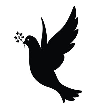 recommend clip art: Dove silhouette icon. Black shape of pigeon. Vector flying dove with olive branch on white background