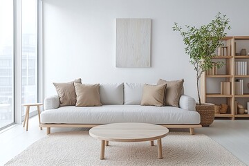 Minimalist, a modern Japani interior photo of a living room with an art frame hanging and a sofa and wooden table. Generative AI
