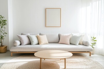 Minimalist, a modern Japani interior photo of a living room with an art frame hanging and a sofa and wooden table. Generative AI
