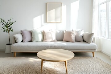 Minimalist, a modern Japani interior photo of a living room with an art frame hanging and a sofa and wooden table. Generative AI
