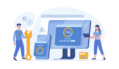 System Update. Programmers upgrading operation system, software, programs, applications. Data synchronize process. Vector illustration with characters in flat design for web banner.