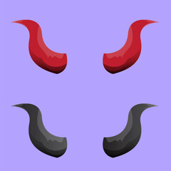 vector Red and black devil, demon, satan horns isolated on blue background. Halloween evil horns set and collection