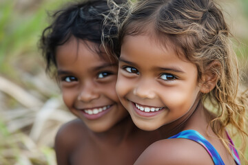 Two beautiful indigenous Aboriginal Australian girls staring at the camera and smiling. First Nations people..