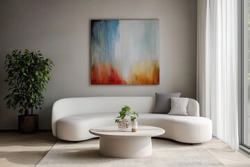 A modern mid-century modern interior in the living room with minimalist, art-framed white walls and boucle sofa. Generative AI
