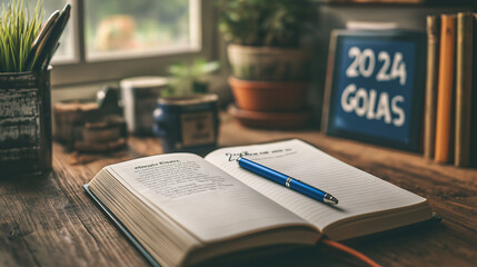 An open journal with a pen resting on a page 