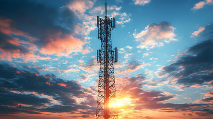 A telecommunications tower against a vibrant sunset sky.