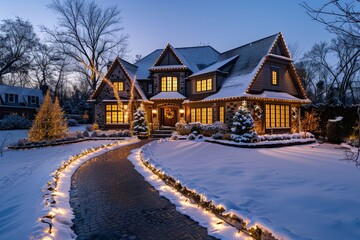 Charming suburban home adorned with Christmas lights, set against a snow-covered landscape, creating a festive atmosphere during winter evenings.