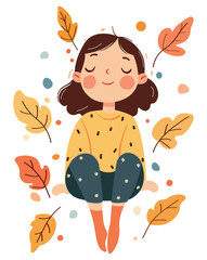 A cheerful girl sits with her eyes closed and enjoys the peace of autumn. The leaves swirl around. Dressed in a sweater and pants. Simple style for children's books, seasonal cards and educational.