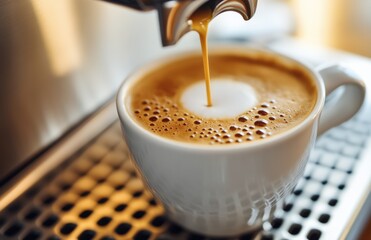 Freshly brewed espresso pouring into a white cup with rich crema in a cozy coffee shop