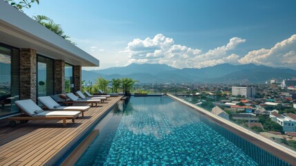 Fototapeta premium Innovative rooftop swimming pool with lounge chairs overlooking the cityscape of Chiang Mai, Thailand, featuring mountains and a blue sky.