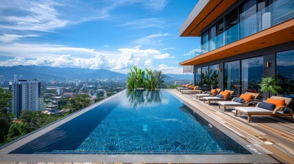 Fototapeta premium Innovative rooftop swimming pool with lounge chairs overlooking the cityscape of Chiang Mai, Thailand, featuring mountains and a blue sky.