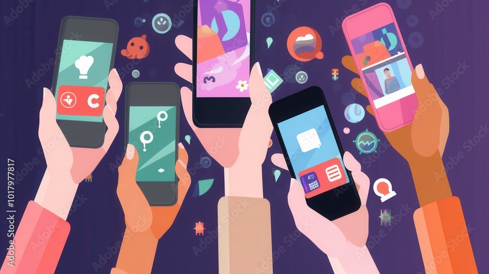 Poster multiple hands hold smartphones featuring various social media apps, showcasing the digital interact