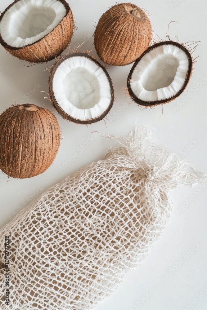 Poster natural coconuts displayed on a white fabric background in a minimalistic setting