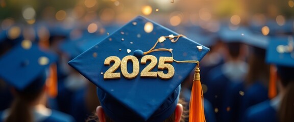 A graduation cap adorned with a tassel marked 2025 in gold, surrounded by a crowd of graduates in blue gowns. The scene captures the celebration of academic achievement and new beginnings.