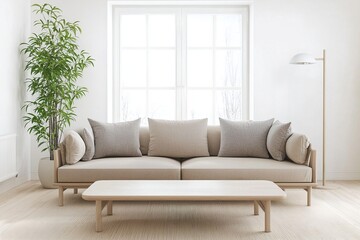 Minimalist, modern japandi interior photo of living room with sofa and cushion wood table. Generative AI
