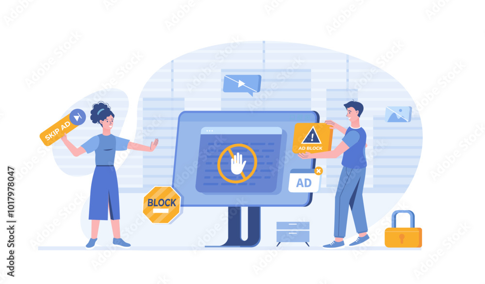 Poster ad blocking. no advertising, anti spam protection, without ads concept. website adblock software, sk