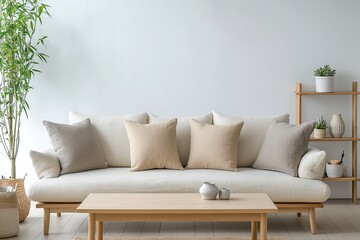 Minimalist, modern japandi interior photo of living room with sofa and cushion wood table. Generative AI
