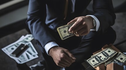 A businessman's hand counts a stack of cash, surrounded by money.