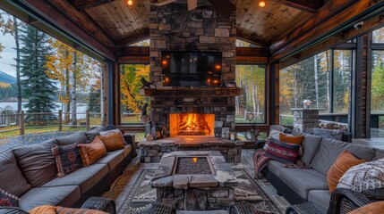 Cozy outdoor fireplace in an Alaskan home featuring rustic stone and wood paneling, comfortable seating, and panoramic nature views.
