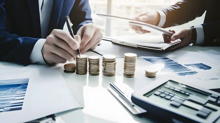 Businessman reviewing financial reports and calculating profit with a stack of coins.