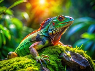 Fototapeta premium Majestic Lizard Relaxing on a Rock Under Bright Sunlight in a Lush Green Natural Habitat Environment