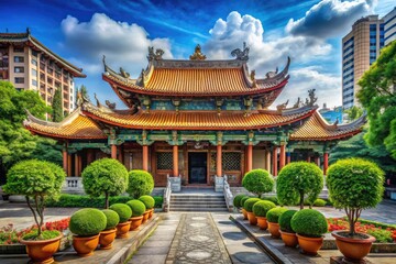 Obraz premium Majestic Longshan Temple in Taipei Surrounded by Lush Greenery and Vibrant Cultural Elements