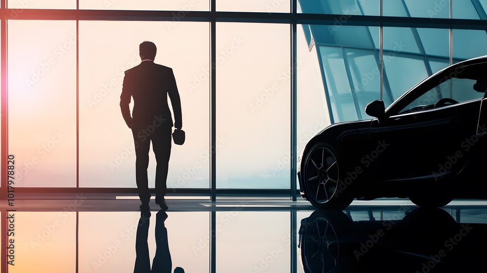 Poster silhouette of a businessman standing in front of a window with a car in the background.