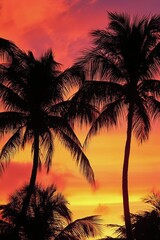 Obraz premium Vibrant sunset over palm trees with colorful sky at tropical beach during evening hours