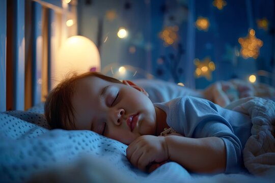 Peaceful baby sleeping in cradle under soft night light in a dark blue room with a mobile lamp, creating a serene atmosphere for restful sleep.