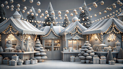 Elegant Christmas Market with Snowy Trees and Fairy Lights in Monochrome Style