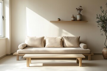Minimalist, a modern japandi interior photo of a living room with light base walls with wood shelves and sofas and tables. Generative AI
